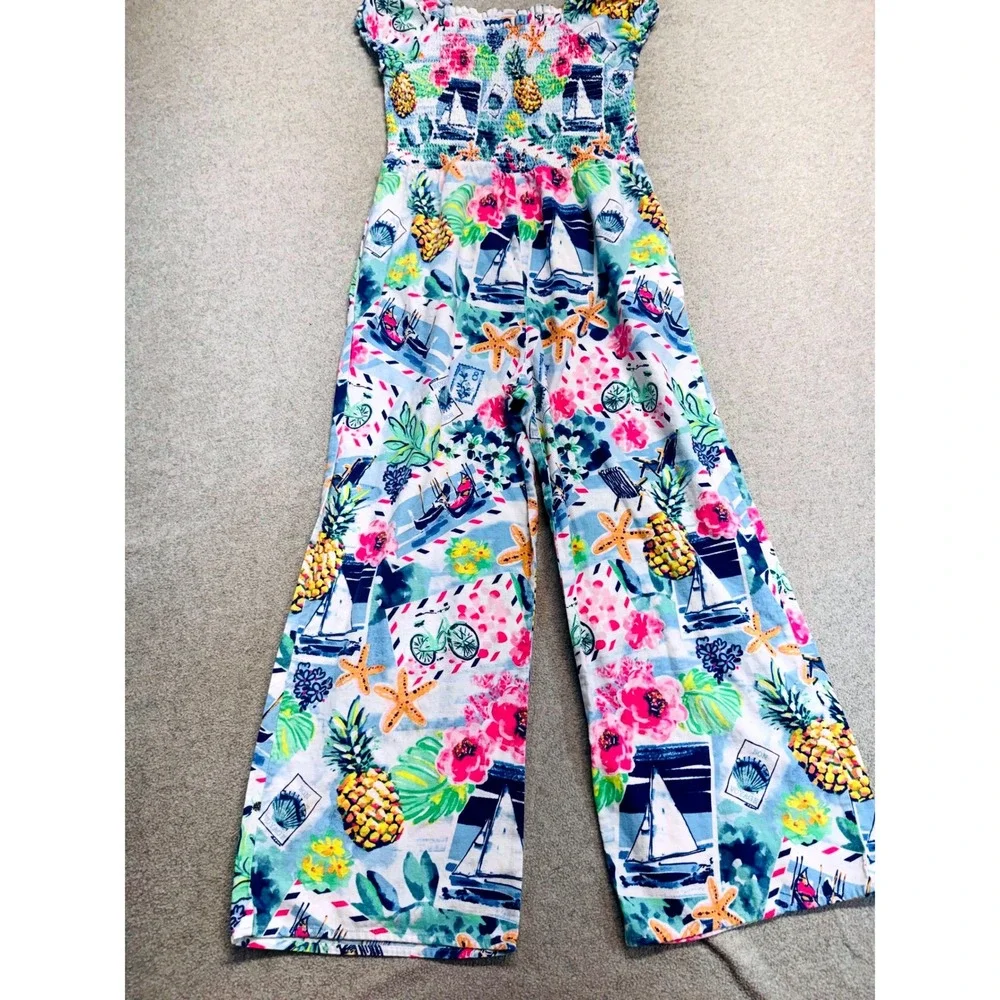 Gymboree Girls Size 12 Linen Blend Smocked Nautical Tropical Wide Leg Jumpsuit